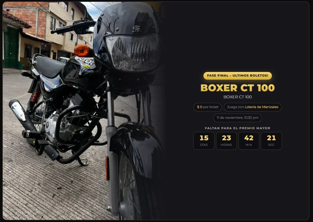 Página web de rifas con el premio, valor del ticket, lotería y cuenta regresiva